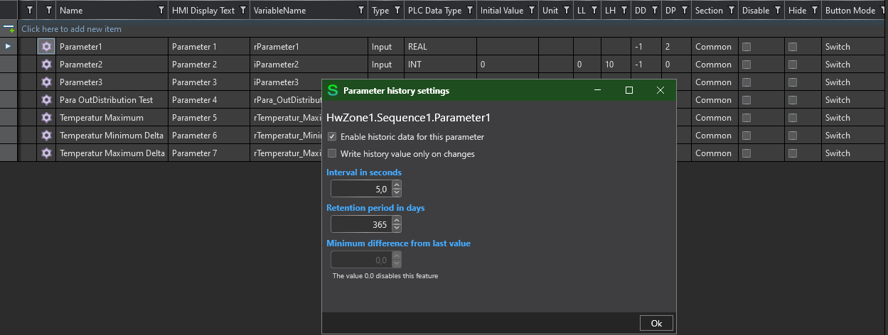 Parameter History settings